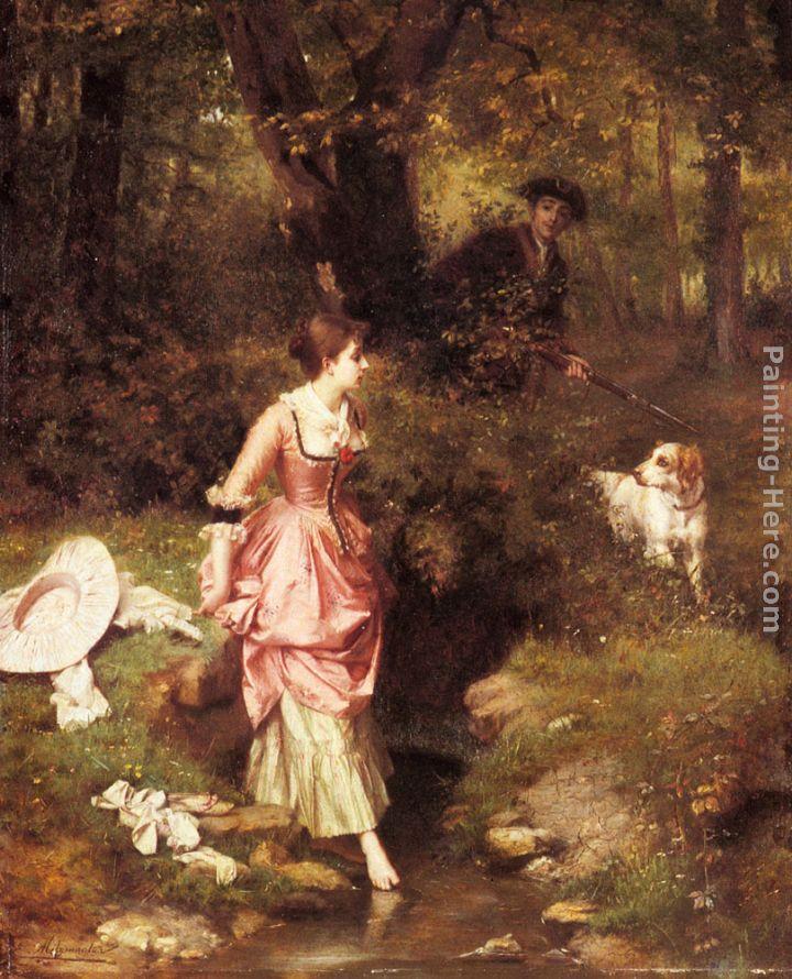 Emile Pierre Metzmacher A Young Beauty Crossing a Brook with a Hunter Beyond